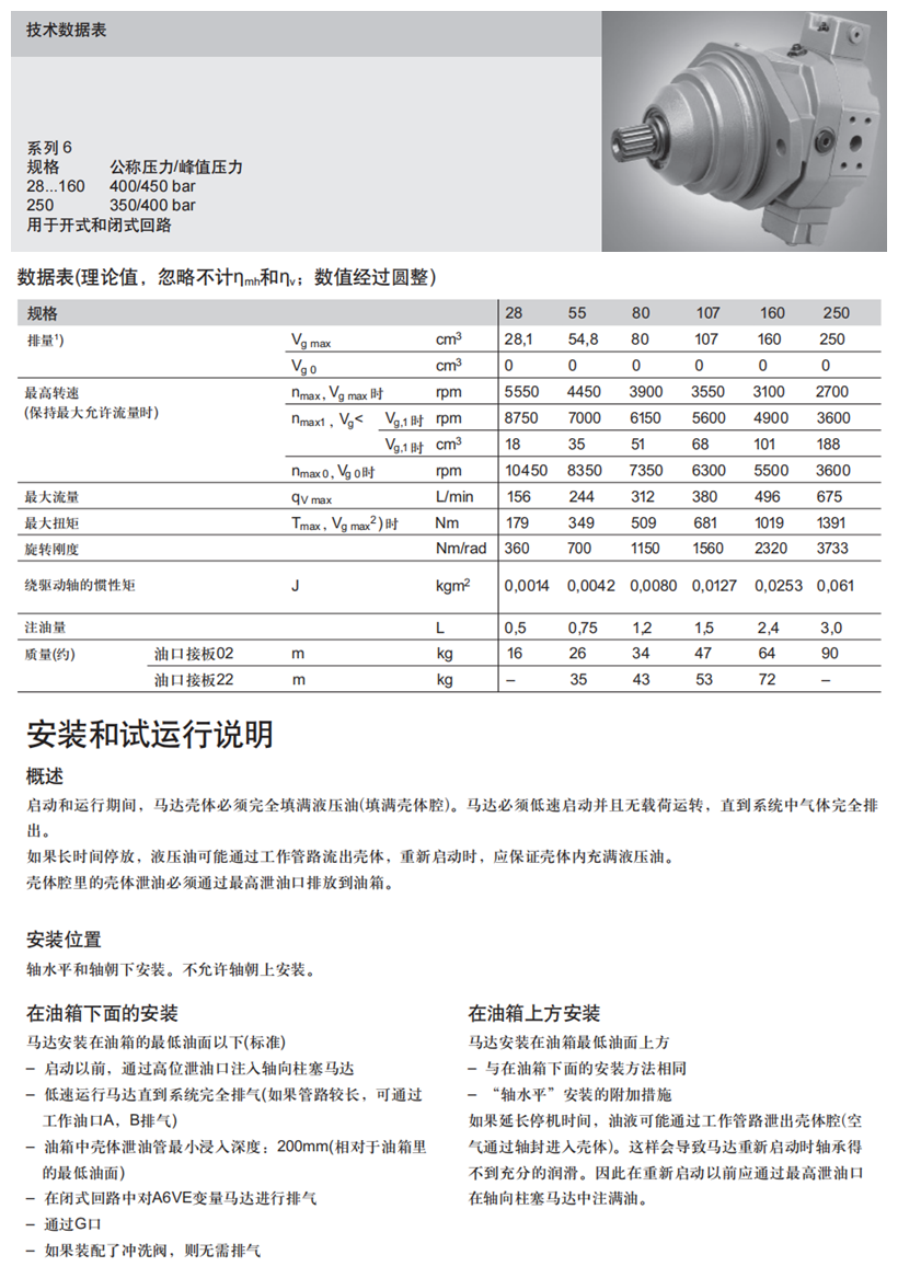 力士乐A6VE马达技术参数